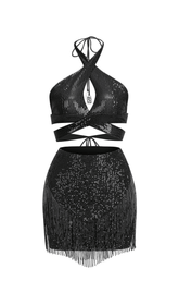 Rückenfreies Minikleid mit Pailletten und Quasten in Schwarz